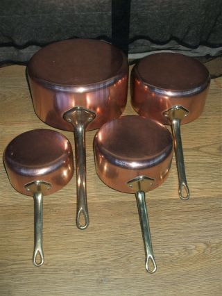 Vintage French Set 4 Copper Cuisine Kitchen Sauce Pan Brass Handles Tin Lined