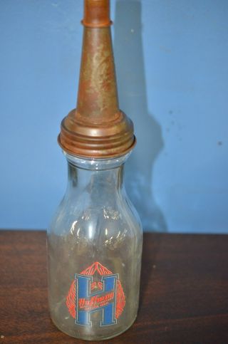 Vintage Style Huffman Mfg Motor Oil 1 Quart Glass Oil Bottle W Spout & Dust Cap