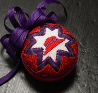 Red Hat Society Christmas Ornament Quilted & Embroidered Red & Purple 3 " Ball