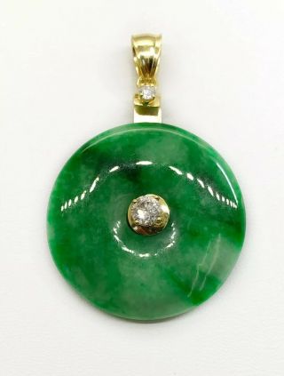 Vintage 14k Yellow Gold Natural Diamond Green Jadeite Jade Round Pendant