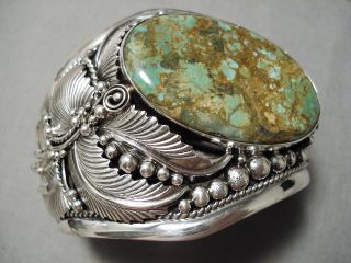 Monumental Vintage Navajo Royston Turquoise Sterling Silver Leaf Bracelet