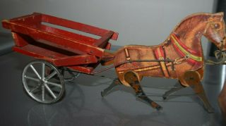 Antique Horse & Wagon Pull Toy Cast Iron & Wooden