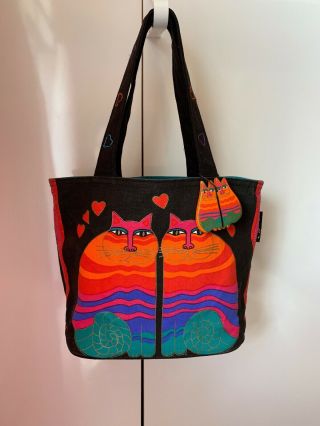 Laurel Burch Rainbow Cats Medium Tote Bag - Retired - Black Canvas Zippered Tote