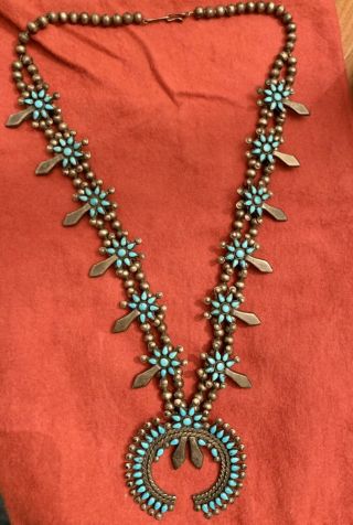 Vintage Navajo Silver Turquoise Squash Blossom Necklace