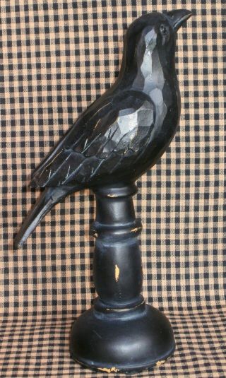 Black Crow Raven On Pedestal Carved Wood Look Figurine Halloween Gothic 1