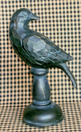 Black Crow Raven On Pedestal Carved Wood Look Figurine Halloween Gothic 2