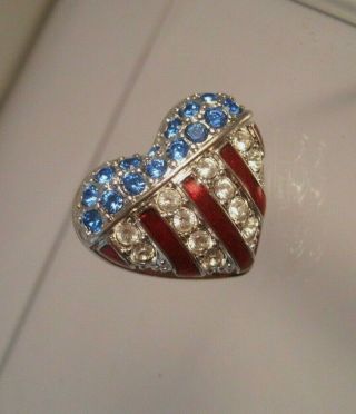 Vtg Swarovski Red White Blue Crystal Enamel Patriotic Heart Lapel Pin Swan Logo