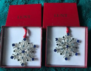 Set Of 2 Lunt Silverplate Blue Crystal Jeweled Snowflake Ornament W/boxes