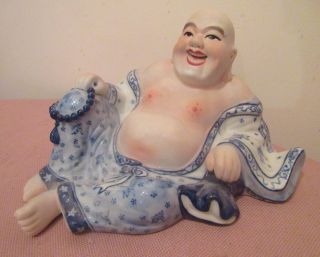 Large Vintage Hand Painted Chinese Porcelain Buddha Blue White Statue Figure