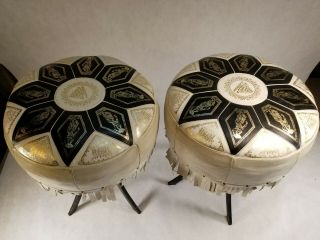 Vintage Pair Mcm Moroccan Leather Ottoman Pouf Footstool Boho Gold Embossed Iron