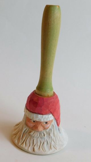 Hand Carved Painted Wood Santa Claus Christmas Faux Bell Signed Folk Art Figure