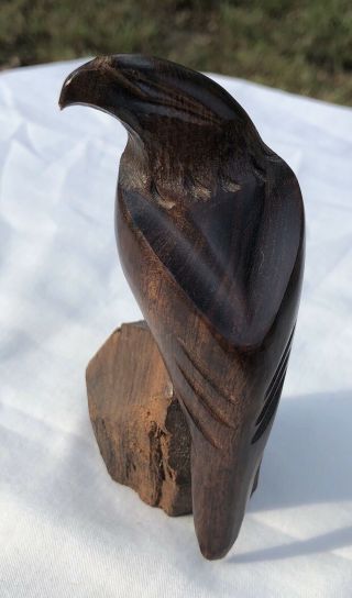Hawk Falcon Carving Dark Wooden Statue Wood Carved Standing Bird 4.  25”x2”x2”