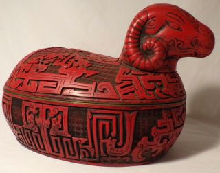 Good Vintage Chinese Cinnabar Lacquer Large Ram Box
