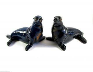 Seal Ceramic Salt & Pepper Shakers - Dark Blue/Brown - Seals are Different Shades 2
