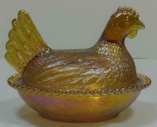 Vintage Iridescent Yellow Carnival Glass Chicken On A Nest Hen Covered Dish