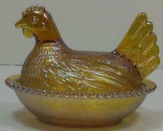 Vintage Iridescent Yellow Carnival Glass Chicken on a Nest Hen Covered Dish 2