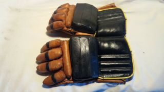 Vintage Brown & Black Leather Hockey Gloves