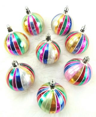 8 Vintage Poland Rainbow Multi Color Stripe Mica Glass Ball Christmas Ornaments
