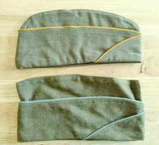 (2) Us Ww2 Army Garrison Caps/ Hats Olive Drab Wool Gold/blue Piping Size 7