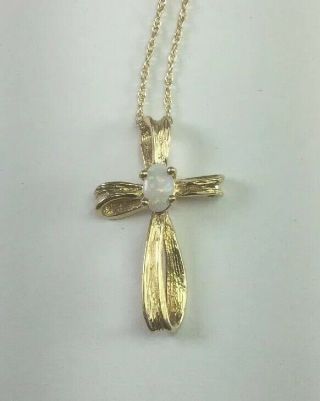 Vintage Clyde Duneier 10k Gold Fire Opal Cross Pendant & 10k Necklace Size 16”