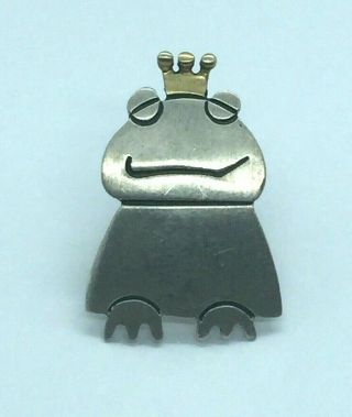 Vintage Sterling Silver Pin Frog Prince Crown Two Tone Toad Animal Kermit King