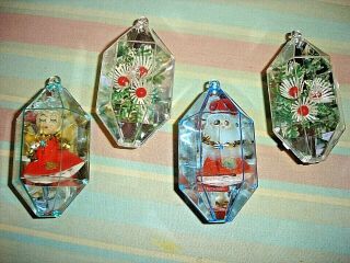 Vintage Set 4 Jewelbrite 3 - D Diorama Christmas Ornaments - Santa,  Angel,  Flowers