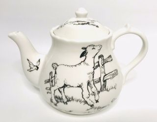 Barnyard Toile Andrea By Sadek Elisabeth Trostli Sheep Lamb Rabbit Bird Teapot