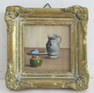 Delft Pitcher Fruit Still Life Vtg Dutch Miniature Oil Painting Gilt Framed 4x4