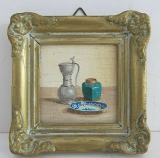 Creamer Jar & Delft Plate Still Life Vtg Dutch Miniature Oil Painting Framed 4x4