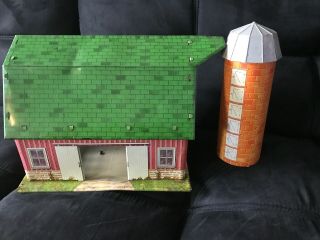 Vintage Mar Toys Happi Time Tin Farm Toy Red Barn Green Roof And Silo Happy Time