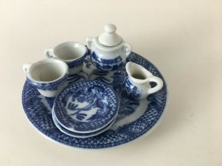 8 - Piece Miniature Tea Set Blue White Porcelain Dollhouse
