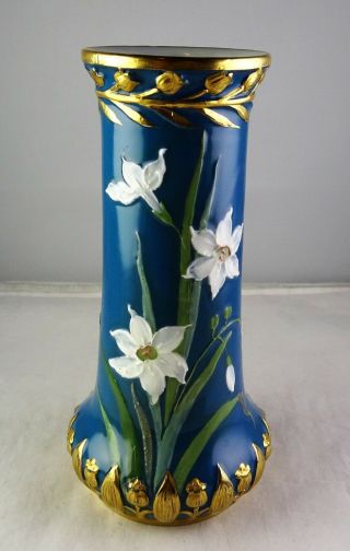 Heubach Pate Sur Pate Porcelain Floral Vase Turquoise Blue,  White Flowers,  Gold