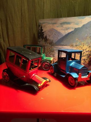 Vintage Tin Litho Antique Cars Set Of Three 4 1/2 " X 6 " Made In Japan