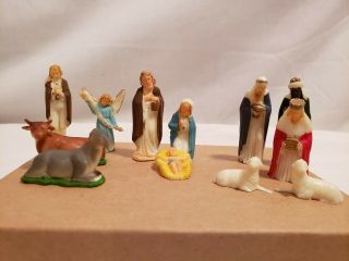 Vintage Mini Plastic 12 Piece Nativity Set,  Hand Painted,  2 Inch Set,  Unmarked