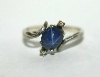 Vintage Solid 10k White Gold Blue Star Sapphire 2 Diamond Ring Sz 6.  5