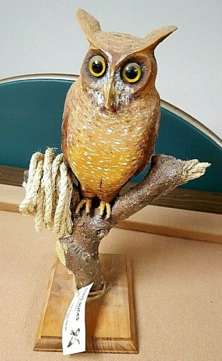 Folk Art Hand Carved Wood Sculpture Of Owl.  Signed And Dated