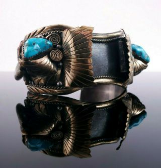 Vintage Native American Gold Filled On Silver Turquoise Coral Watch Cuff.  Hmij