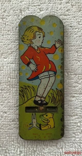Vintage Higashi Toy Lithographed Tin Whistle Girl On A Hill Made In Japan