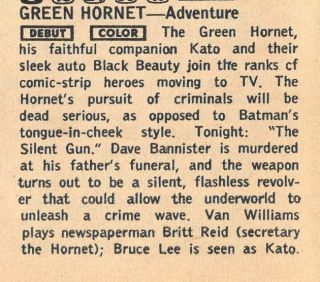 1966 TV AD & DEBUT LISTING THE GREEN HORNET BRUCE LEE VAN WILLIAMS PREMIERE 2