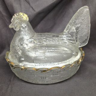 Vintage Hen On Nest Covered Candy Dish Bowl Clear Glass Gold Trim
