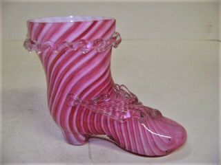Antique Stevens & Williams Cased Cranberry Swirl Art Glass Shoe Rigaree & Leaf