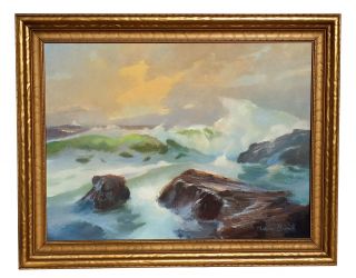 Vintage California Seascape Oil Painting Ocean Waves Rocks Marian Barnett Listed