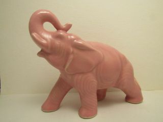 Vintage Art Pottery Glazed Pink Elephant Figurine Trunk Up