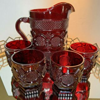 Cape Cod Avon Pitcher Tumblers Ruby Red Glass Vintage 1876 Holiday Ma6