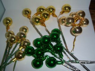 29 Vintage Mercury Glass Christmas Ball Metal Wood Picks Gold Green 1 1/4 "