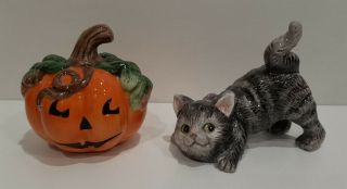 Halloween Pumpkin & Cat Cute Vintage Salt & Pepper Shakers By Fitz & Floyd