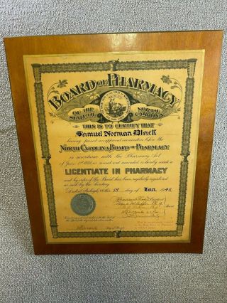 Vintage North Carolina Board Of Pharmacy License Certificate 1945 40s Mod Podge