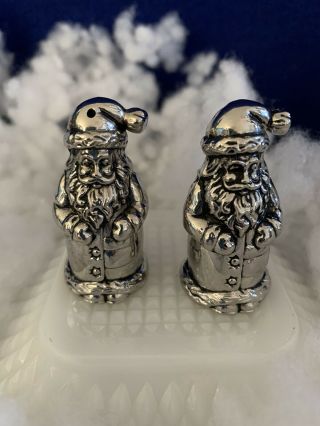 Vintage? Shiny Silver Tone Santa Claus Cast Metal Small Salt & Pepper Shakers