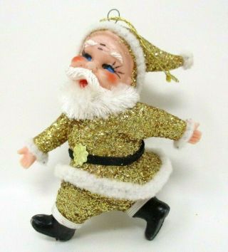 Vintage Christmas Gold Glitter Santa Claus Ornament Mid Century Mcm Retro