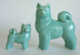 Akita Dog Figure Pair,  Japanese Ceramic Akita Inu Dog Statuette Set 2,  S1618